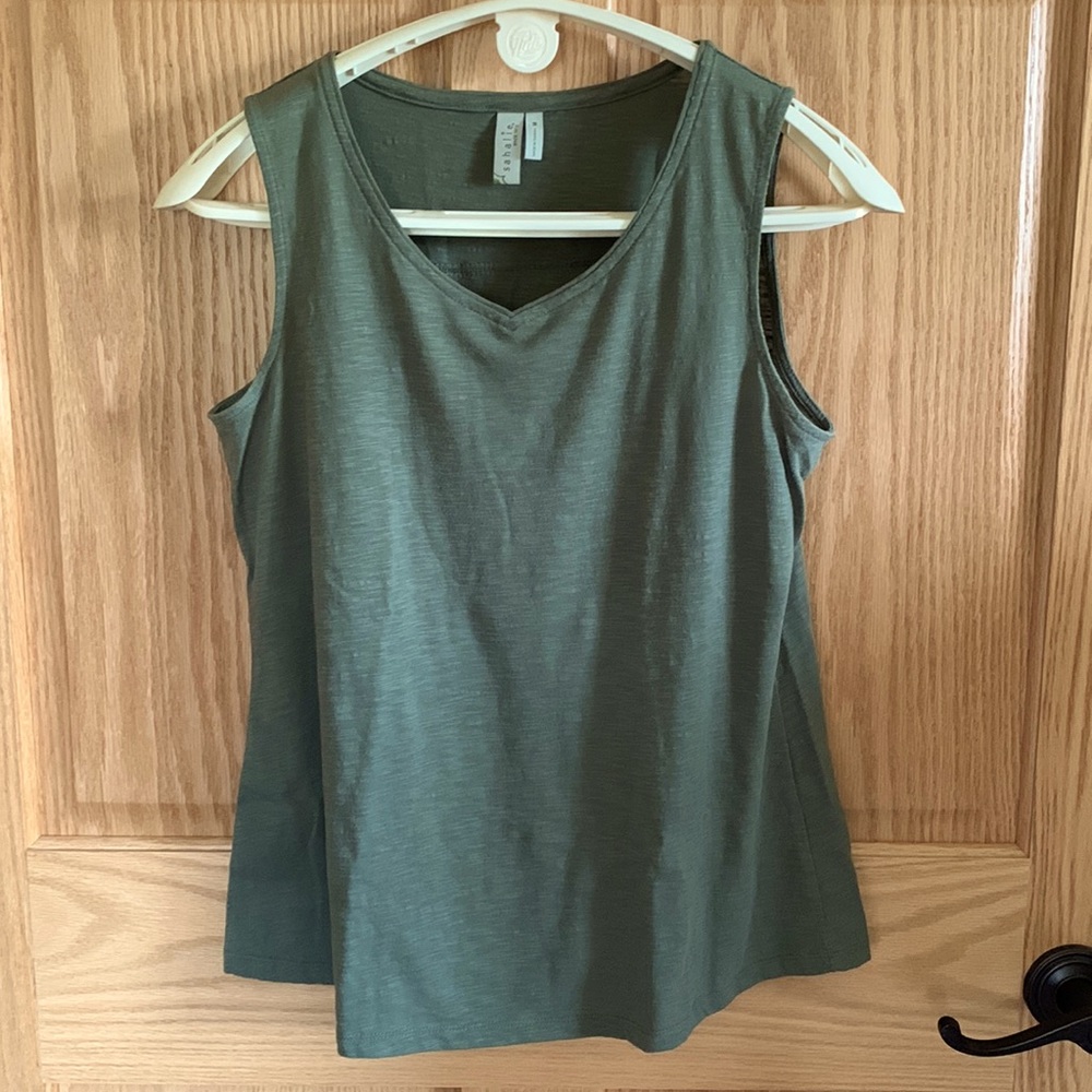 Sage colored tank with cross over back detail
